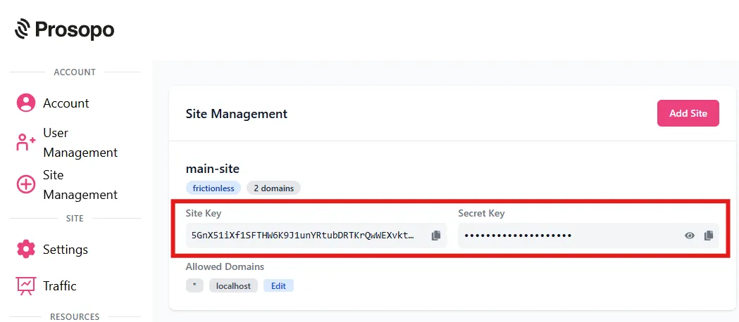 get your site key from the Portal User Info